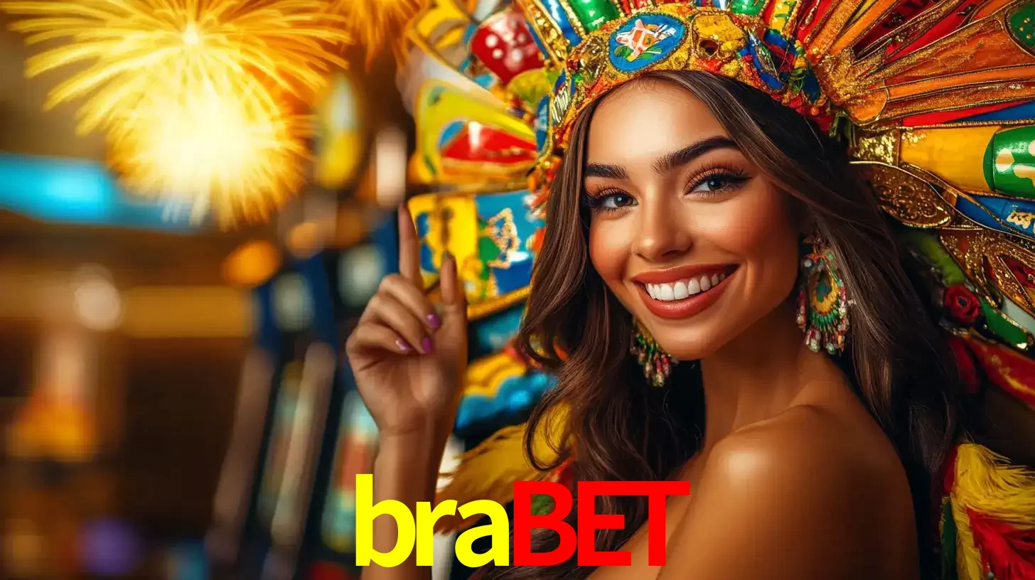 Mulher sorridente com um cocar de carnaval vibrante e colorido, celebrando uma grande vitória nos jogos do cassino brabet com fogos de artifício ao fundo.