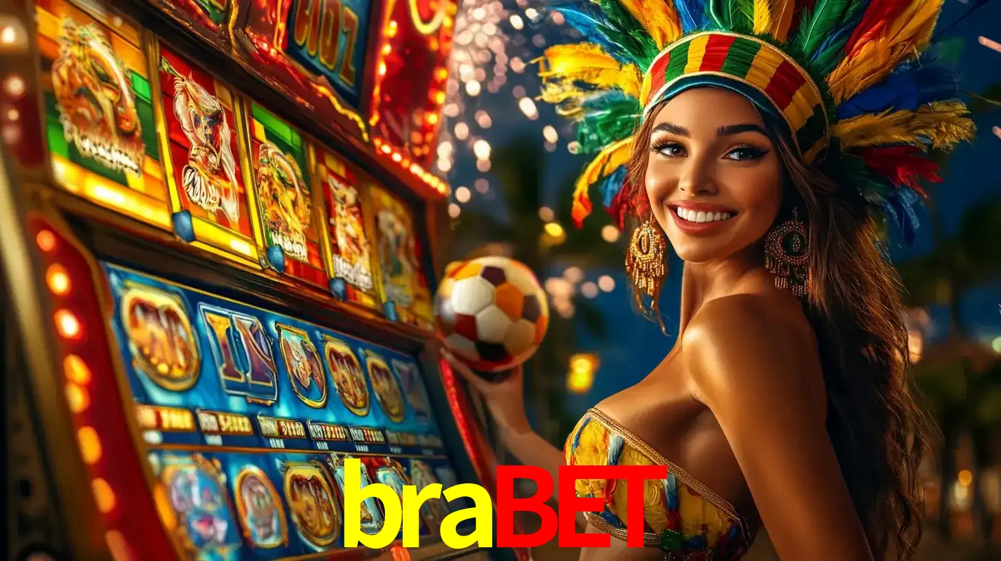 Mulher com um cocar de carnaval ao lado de uma máquina de caça-níqueis enquanto segura uma bola de futebol, mostrando a união da diversão de cassino e esportes no brabet.