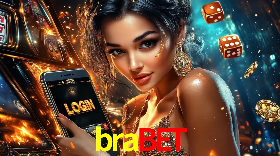 Mulher glamourosa segurando um celular com a tela de login do cassino brabet, rodeada por dados e moedas douradas, pronta para começar a diversão.