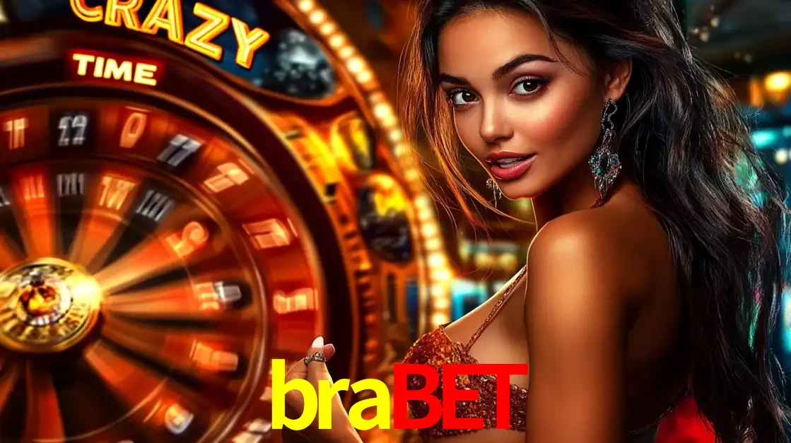 Mulher ao lado da roda de prêmios do jogo de cassino ao vivo Crazy Time, um dos shows de jogos mais emocionantes oferecidos pela plataforma de apostas brabet.