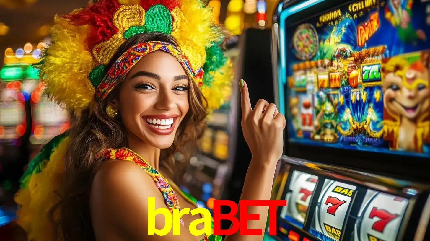 Mulher animada com um cocar de carnaval apontando para uma máquina de caça-níqueis, mostrando a emoção de ganhar um grande prêmio nos jogos do brabet.