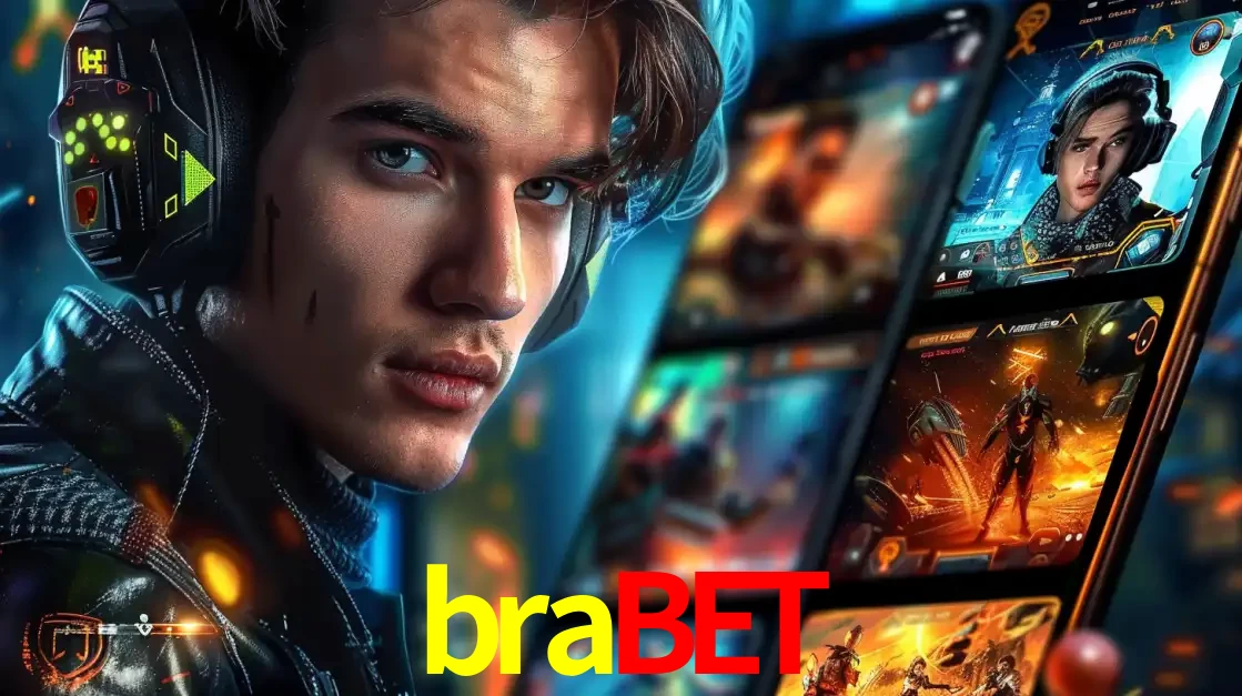 Jovem jogador com fones de ouvido olhando para a câmera, com um aplicativo de jogos e e-sports para celular ao fundo, pronto para a competição e apostas no brabet.