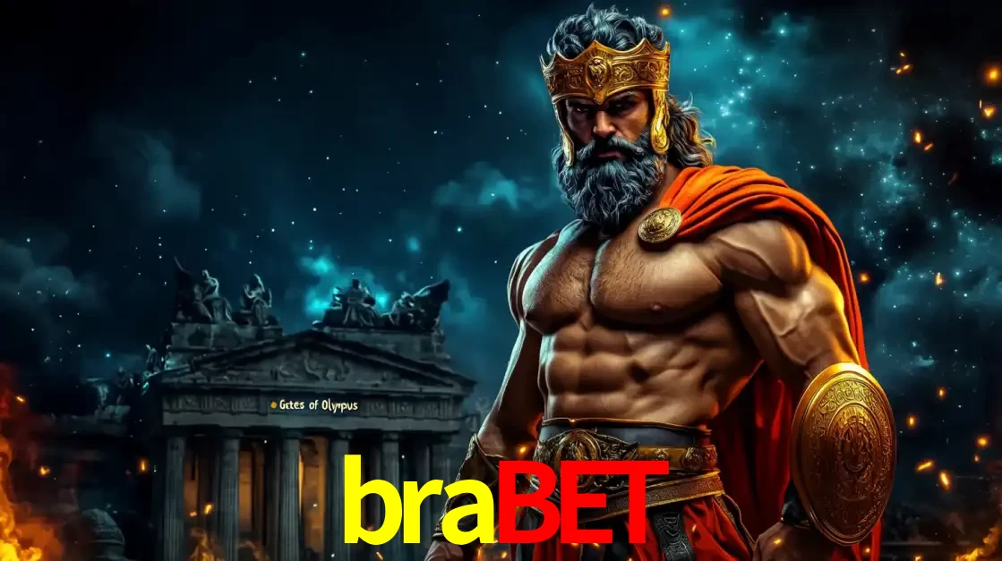 O poderoso Zeus do jogo de slot Gates of Olympus em frente ao seu templo, pronto para lançar multiplicadores divinos e prêmios épicos no cassino online brabet.