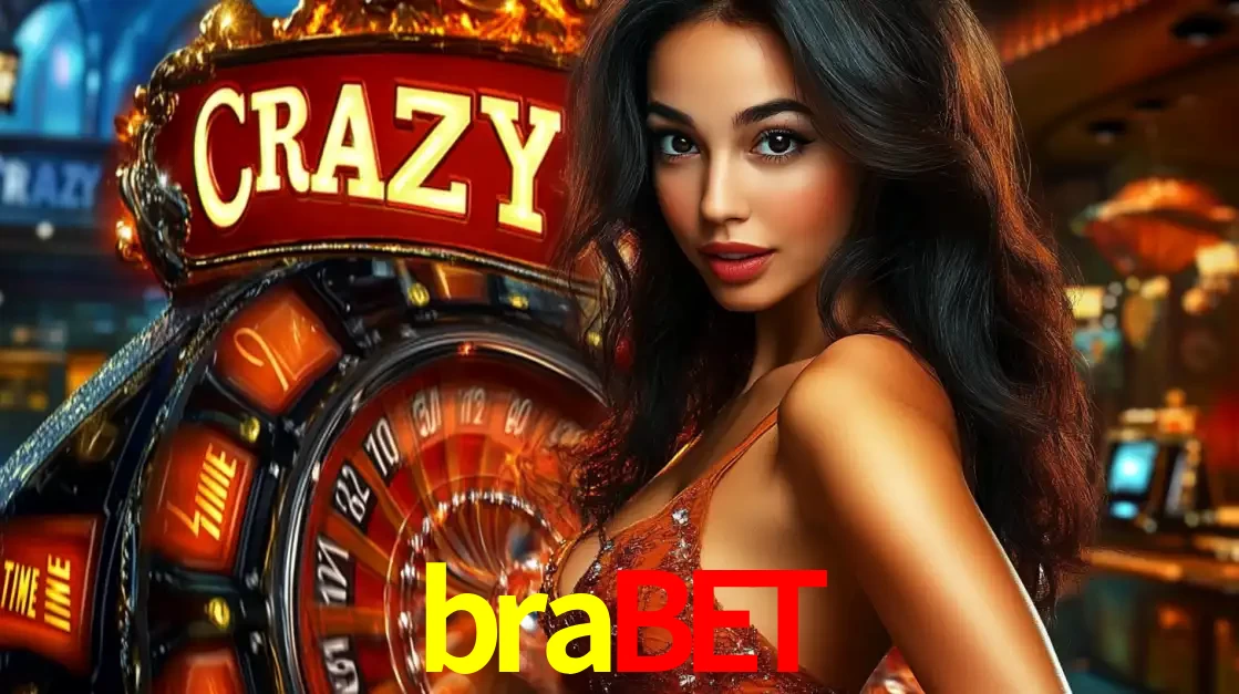 Mulher glamourosa olhando para a câmera com a roda vermelha do Crazy Time ao fundo em um ambiente de cassino, destacando a emoção dos jogos ao vivo no brabet.