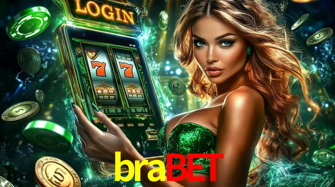 Mulher com tema verde apresentando o aplicativo do cassino brabet com um jogo de slot de 777, cercada por fichas de cassino e uma aura de sorte.