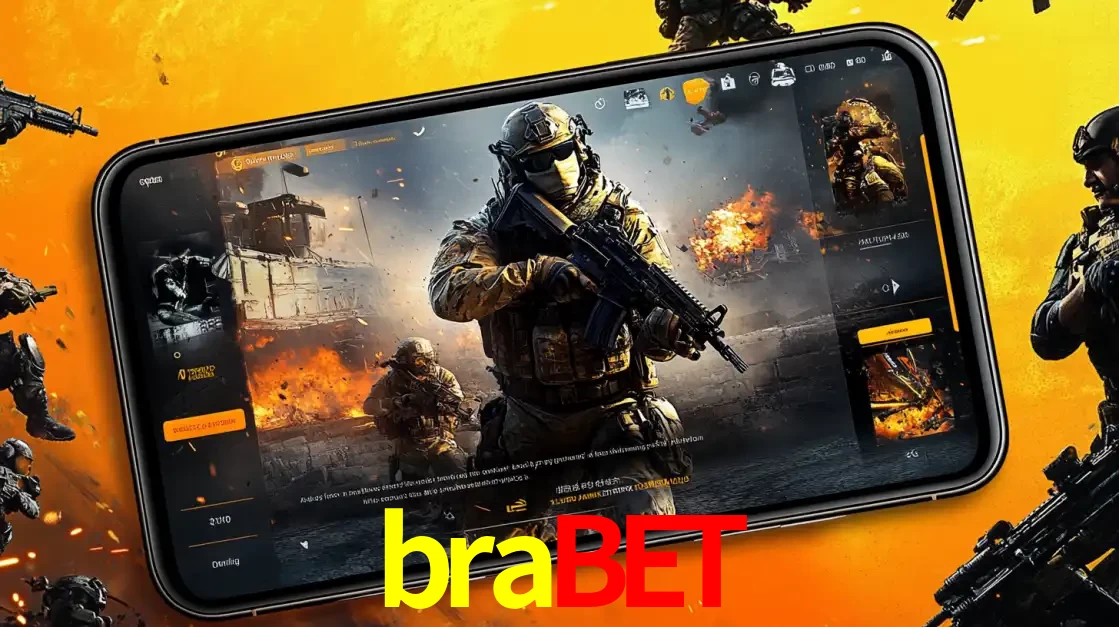 Um smartphone exibindo a interface de um jogo de tiro em primeira pessoa, com um soldado em um cenário de batalha, representando a ação dos e-sports para apostar no brabet.