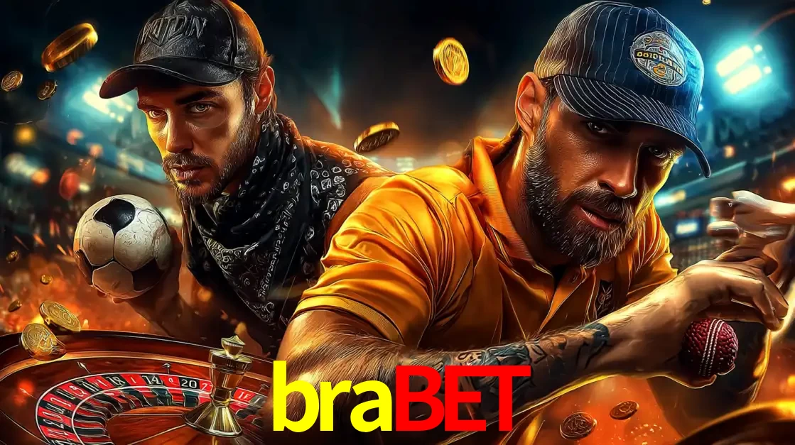 Montagem de apostas esportivas e cassino no brabet, com um homem segurando uma bola de futebol e outro uma de beisebol sobre uma roleta e moedas voadoras.