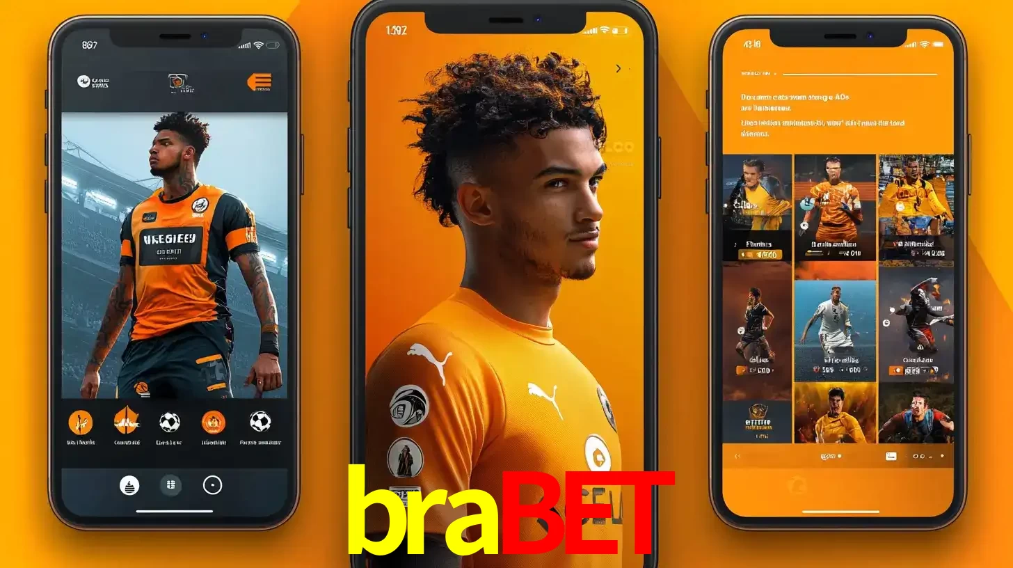 Interface do aplicativo de apostas esportivas brabet em três telas de celular, mostrando o perfil de um jogador de futebol e a lista de jogos disponíveis para apostar.