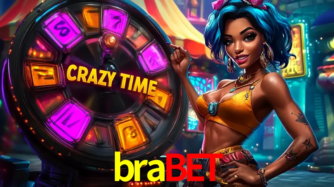 Mulher estilizada com cabelo azul e visual vibrante posando ao lado da roda de prêmios do game show Crazy Time, convidando para a diversão e os bônus do cassino brabet.