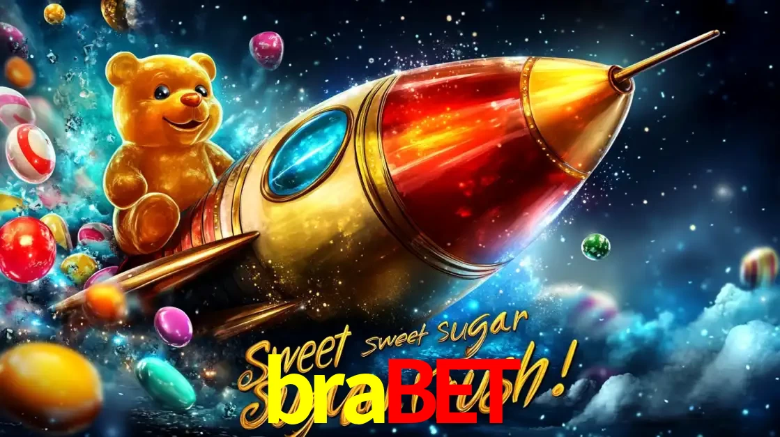 Arte promocional do jogo de slot Sugar Rush, com um urso de pelúcia em um foguete viajando pelo espaço de doces, um dos jogos divertidos disponíveis no cassino brabet.
