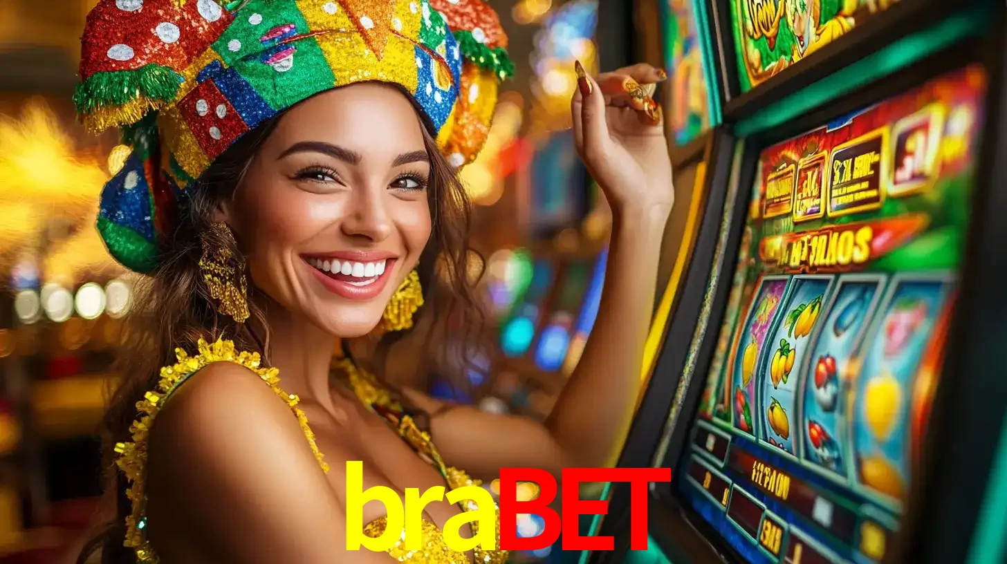 Mulher feliz com traje de carnaval amarelo e colorido ao lado de uma máquina de caça-níqueis, aproveitando a diversão e os jogos temáticos do cassino brabet.
