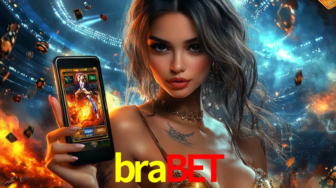 Mulher segurando um celular com um jogo de slot em destaque, tendo como fundo um estádio vibrante, simbolizando a emoção de jogar no cassino móvel brabet.