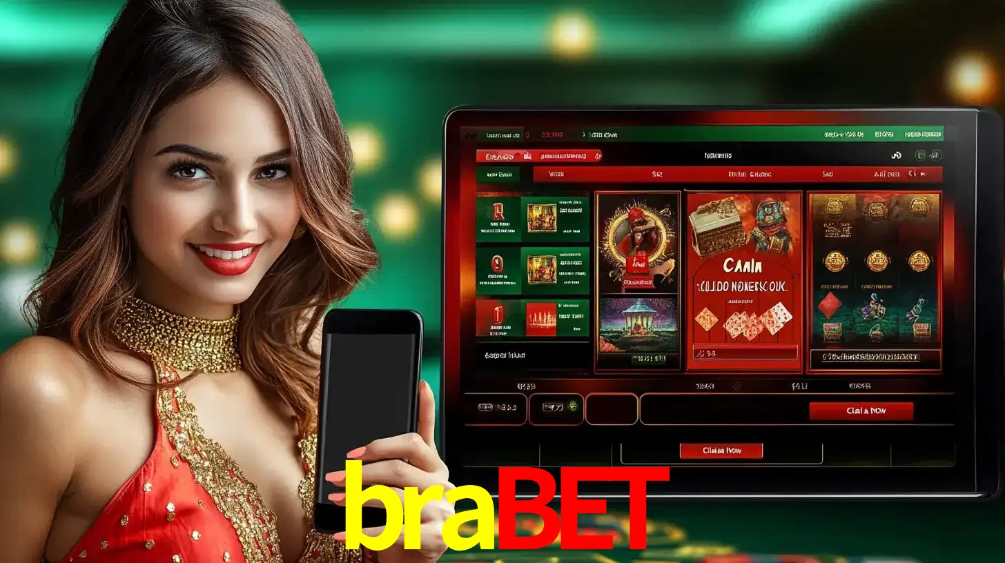 Mulher sorridente segurando um smartphone, ao lado de uma tela exibindo o lobby de jogos do cassino online brabet, com várias opções de jogos de cartas e slots.